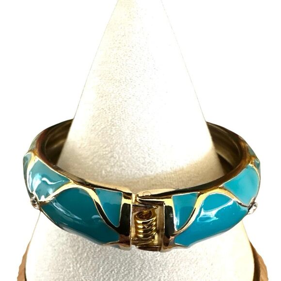 Turquoise Enamel Wave Hinged Bangle Bracelet - Picture 4 of 6